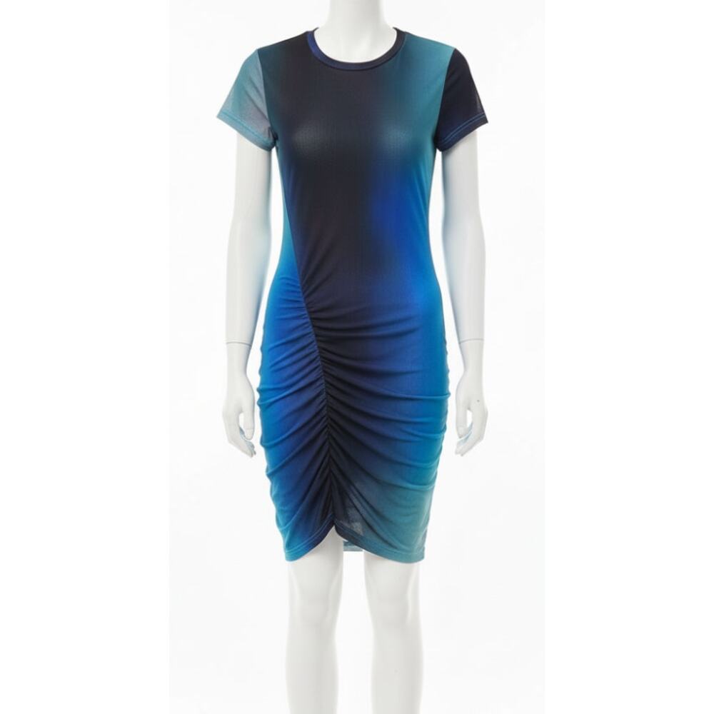 WEEKDAY Darcy Ruched Dress Women S Water Color Blue Green Stretch Mesh Y2K